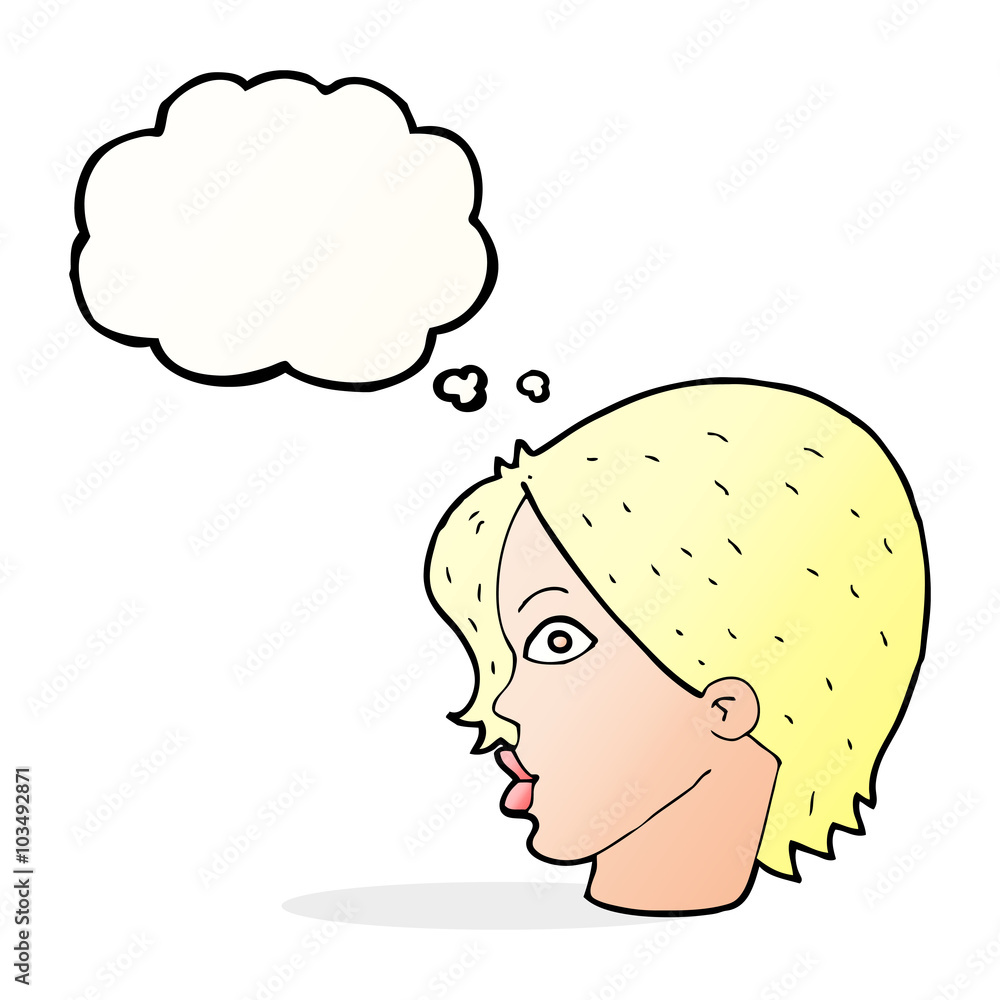 cartoon female face staring with thought bubble cartoon female face staring with thought bubble