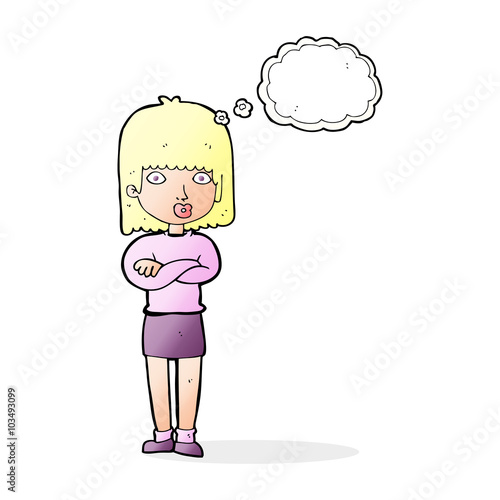 cartoon impatient woman with thought bubble