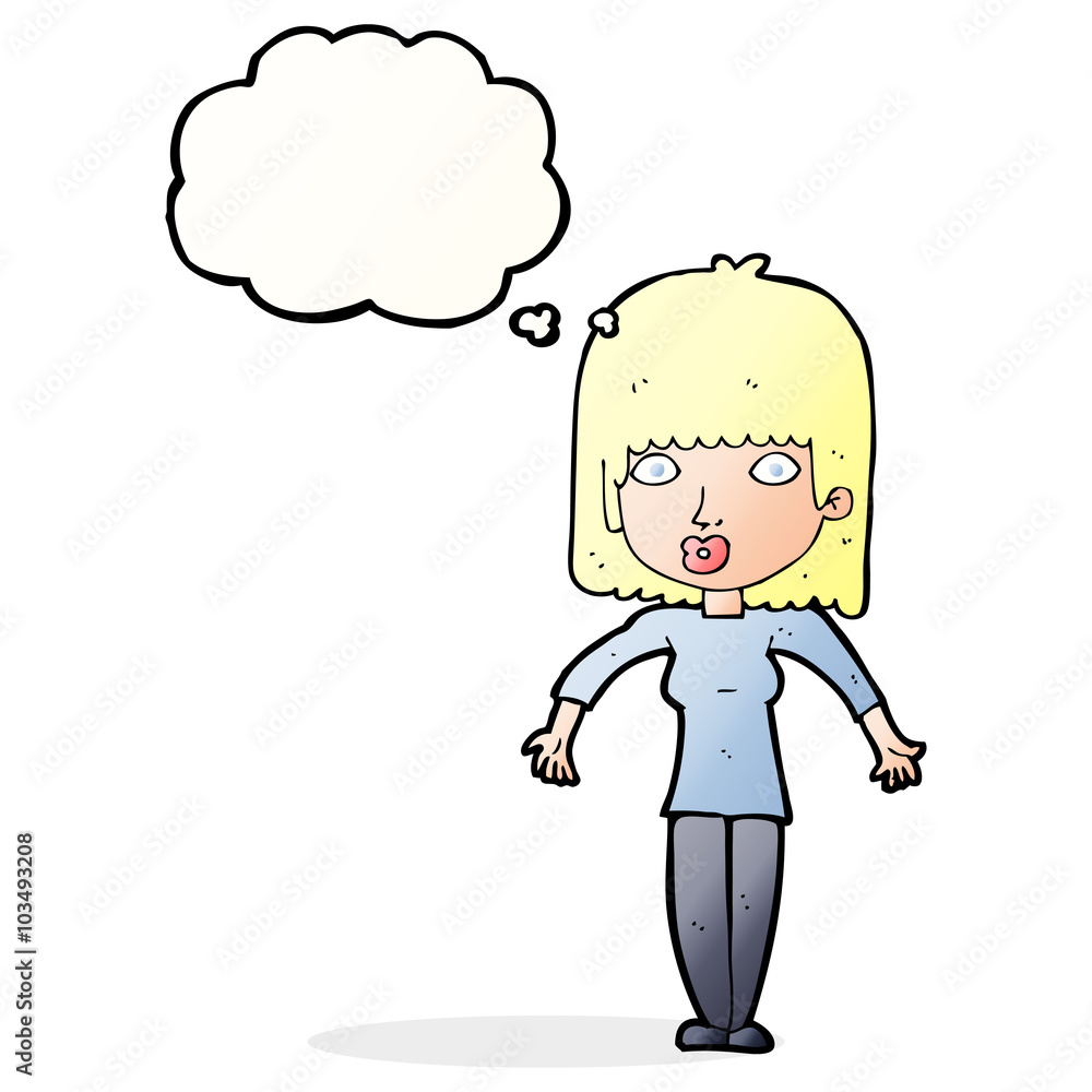 cartoon woman shrugging with thought bubble cartoon woman shrugging with thought bubble
