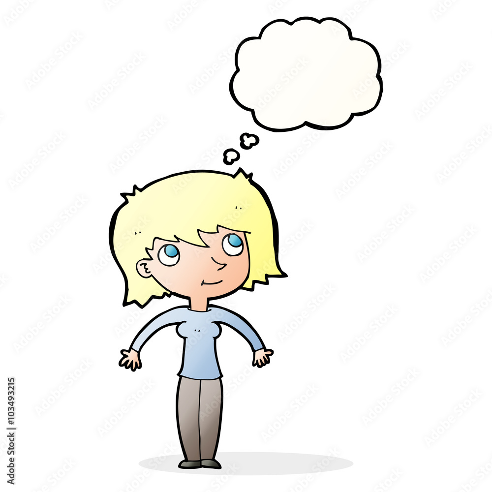 cartoon woman shrugging with thought bubble cartoon woman shrugging with thought bubble