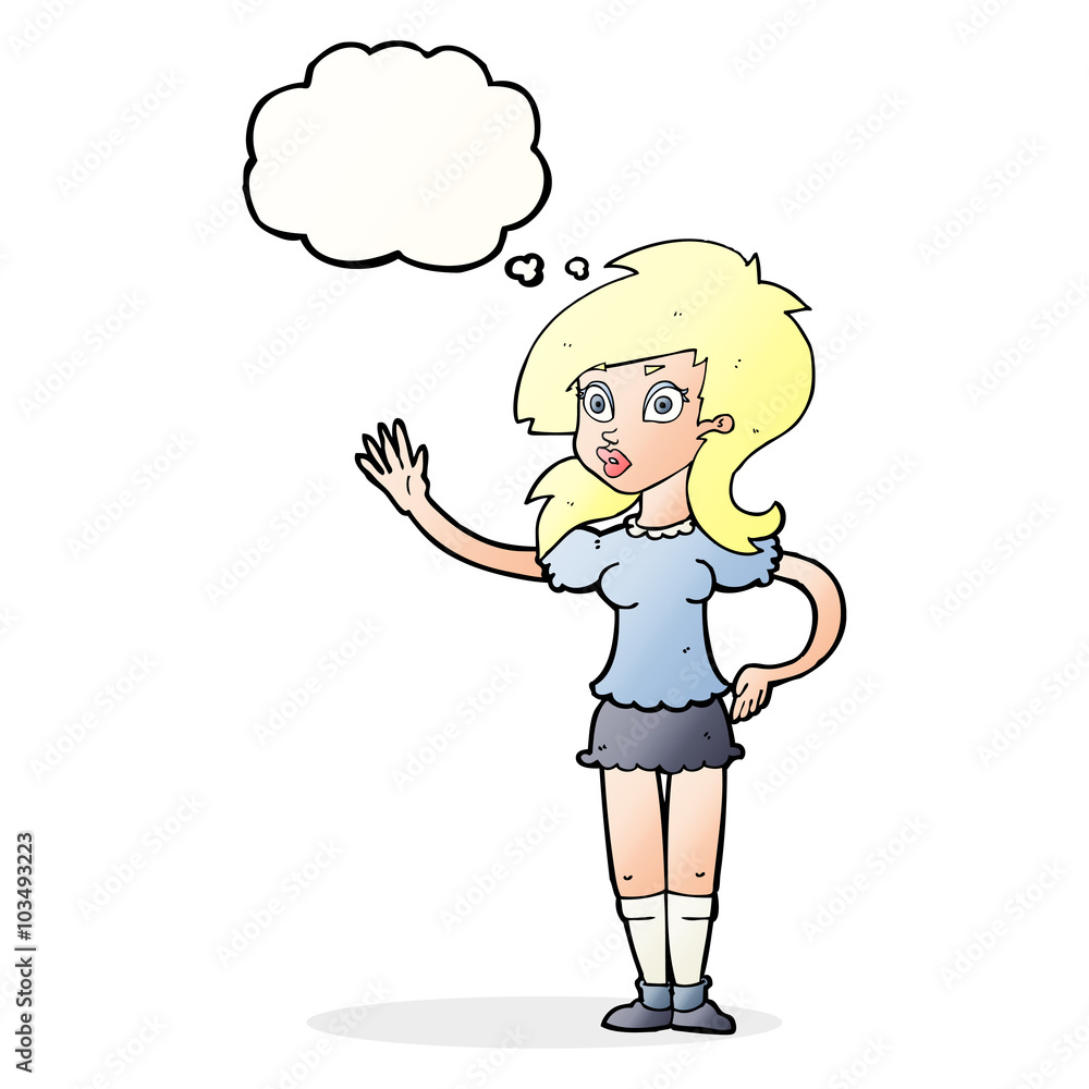 cartoon pretty woman waving for attention with thought bubble cartoon pretty woman waving for attention with thought bubble