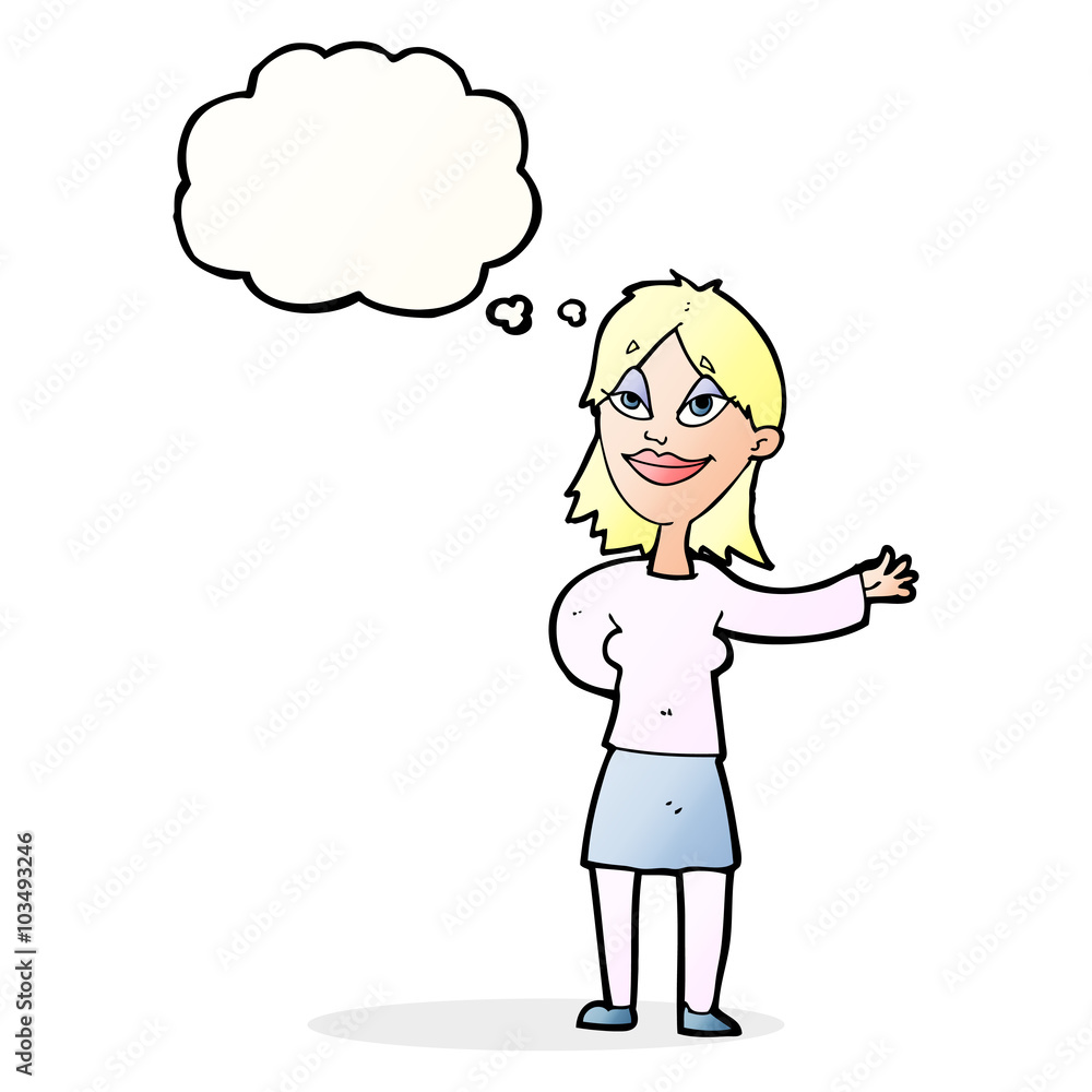 cartoon woman gesturing to show something with thought bubble cartoon woman gesturing to show something with thought bubble