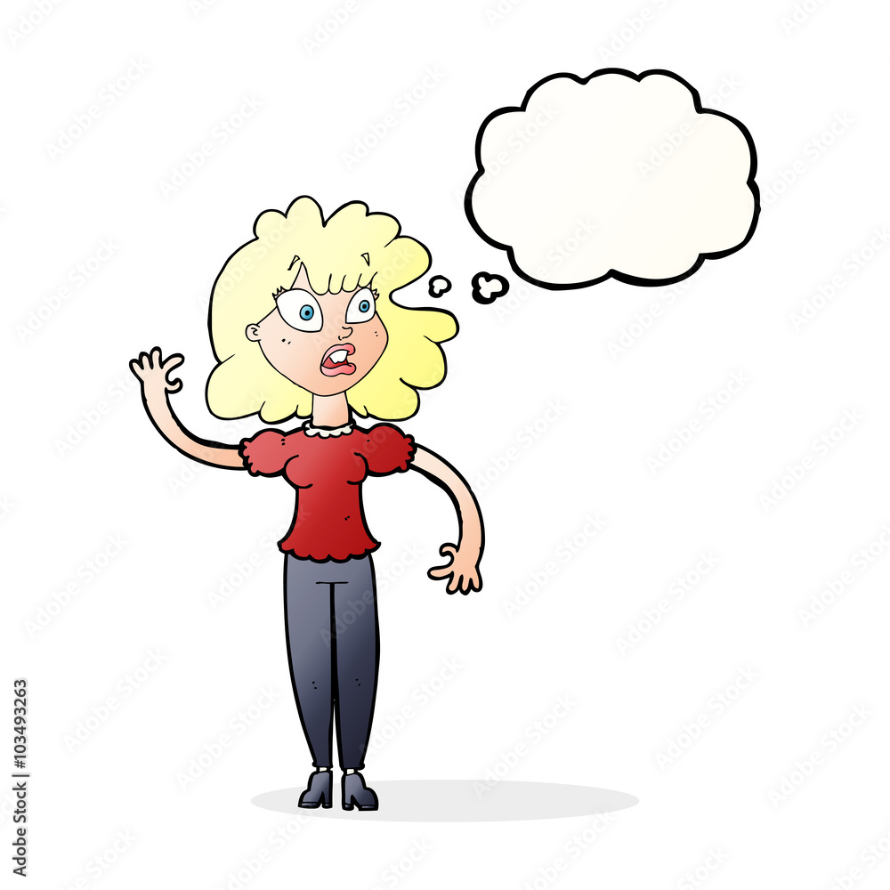 cartoon worried woman waving with thought bubble cartoon worried woman waving with thought bubble