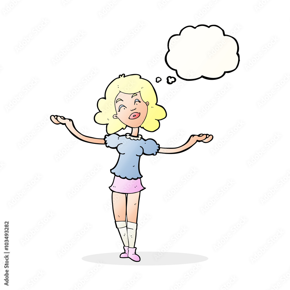 cartoon woman taking praise with thought bubble cartoon woman taking praise with thought bubble