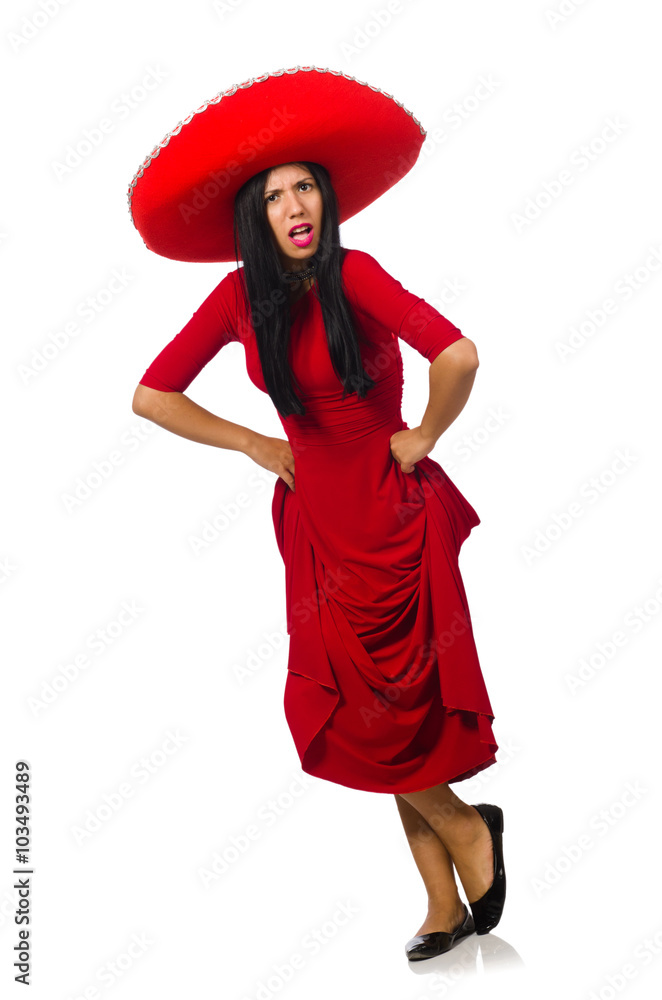 Woman wearing sombrero dancing on the white Woman wearing sombrero dancing on the white