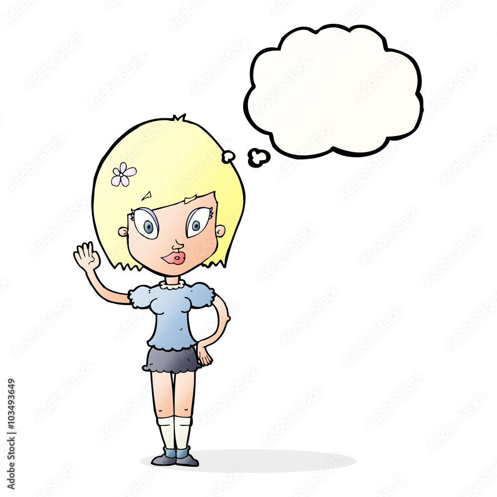 cartoon pretty girl waving with thought bubble cartoon pretty girl waving with thought bubble