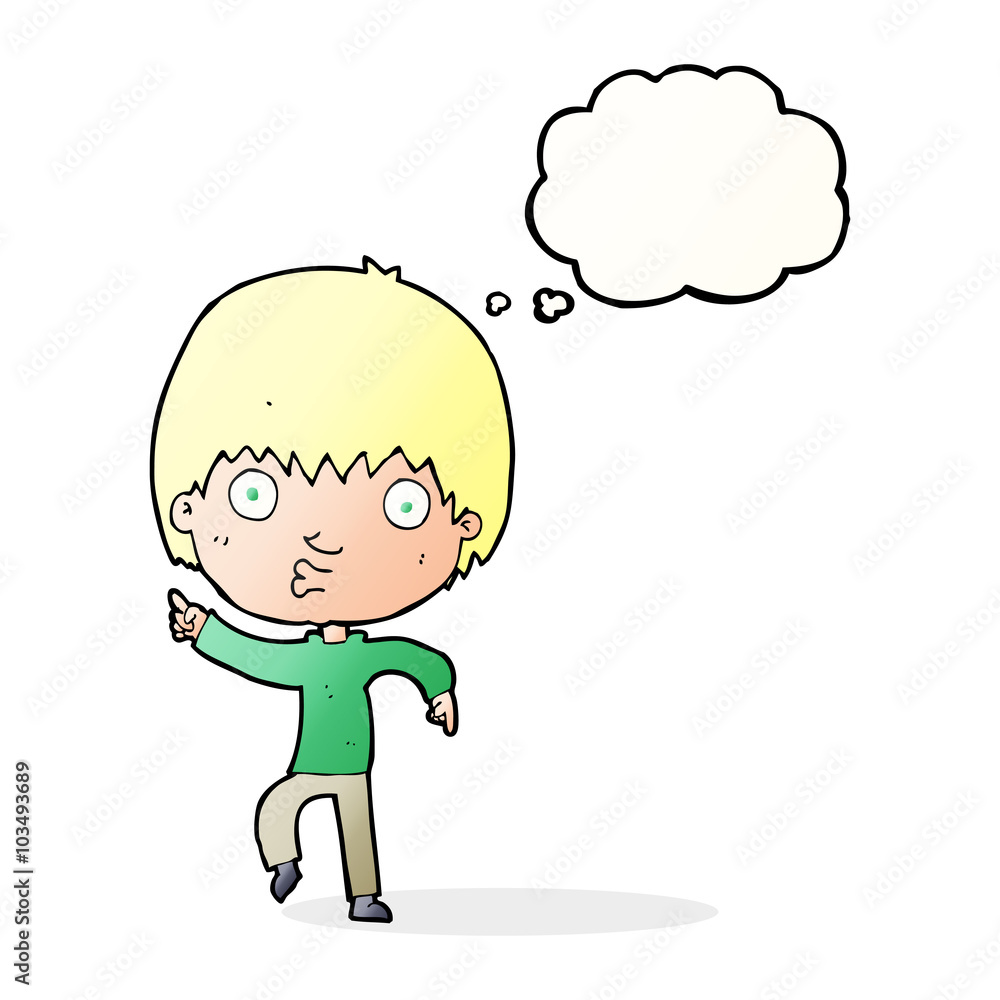 cartoon impressed boy pointing with thought bubble cartoon impressed boy pointing with thought bubble