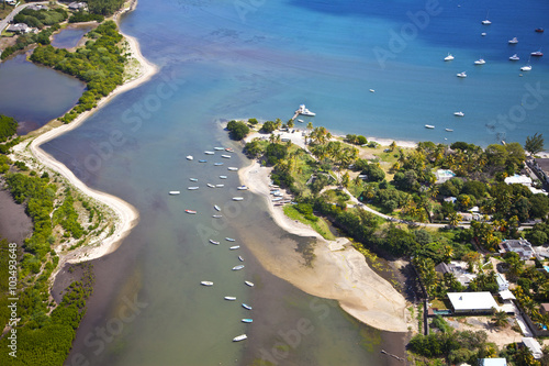 Helicopter flight above the island of Mauritius. Photo shows the south coast.