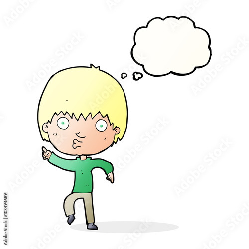 cartoon impressed boy pointing with thought bubble