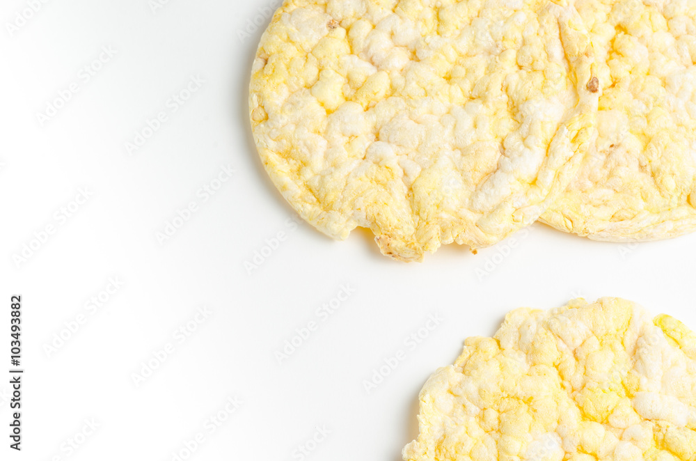 corn cake, puffed corn on table, breakfast background. corn cake, puffed corn on table, breakfast background.