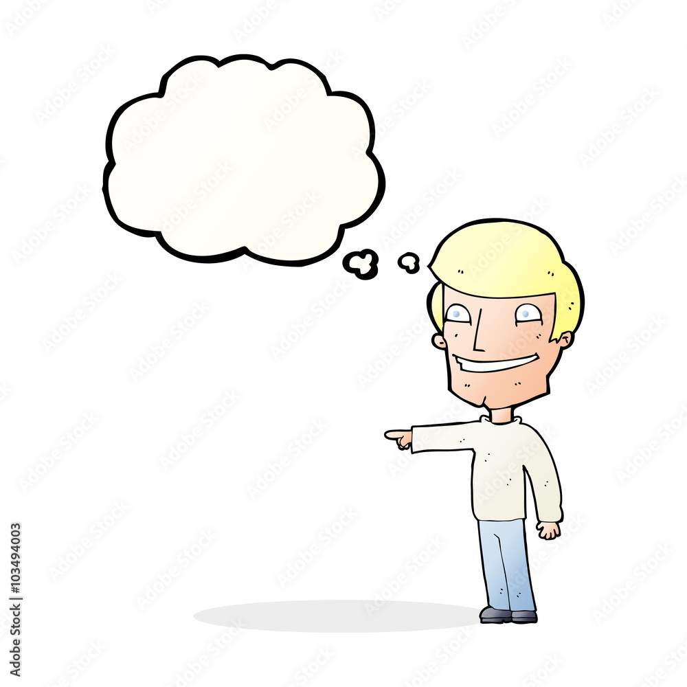 cartoon happy man pointing with thought bubble cartoon happy man pointing with thought bubble