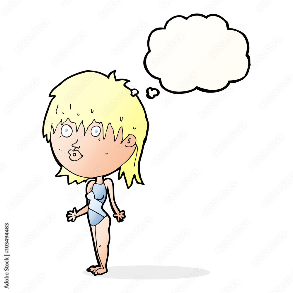 cartoon woman in swimsuit shrugging shoulders with thought bubbl cartoon woman in swimsuit shrugging shoulders with thought bubbl