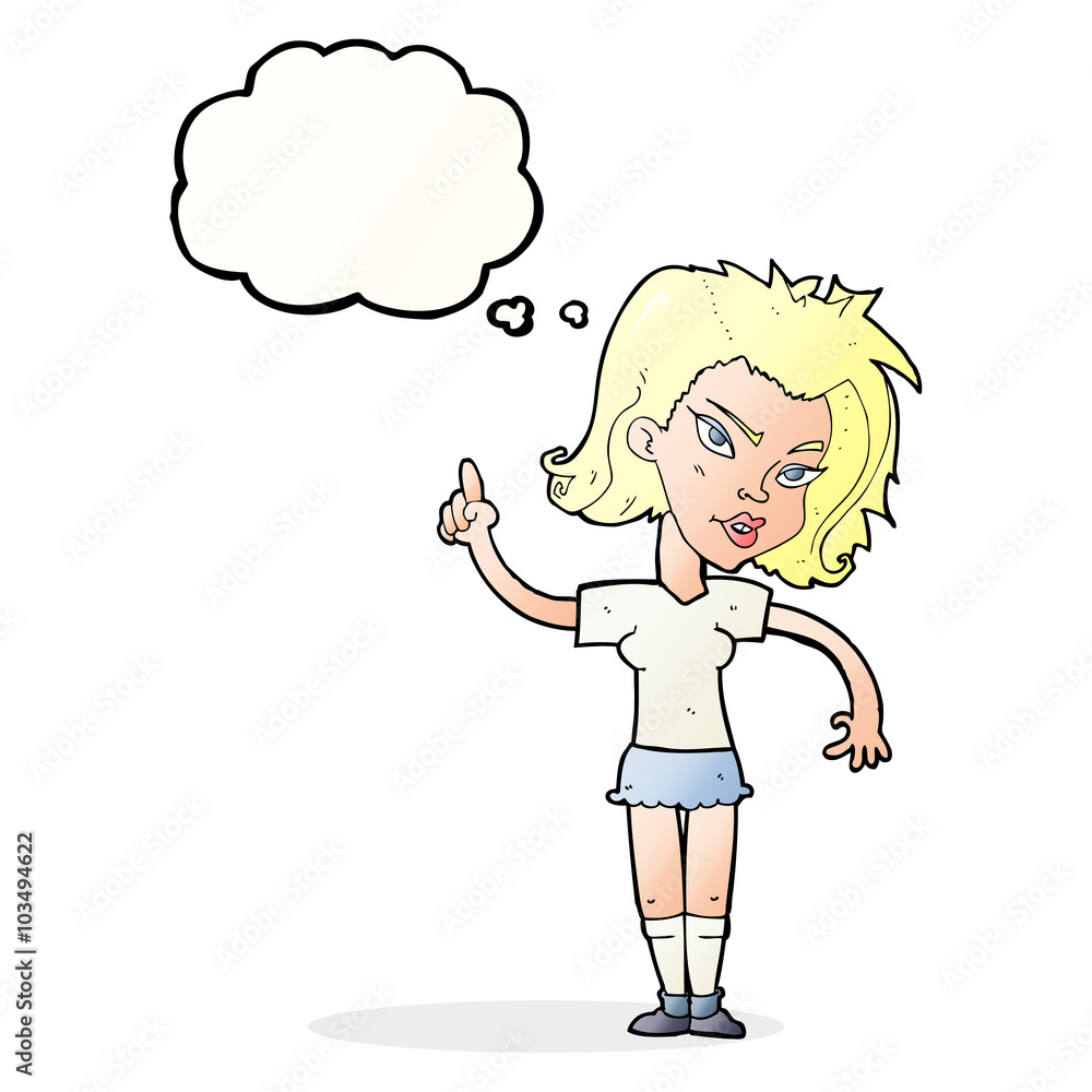 cartoon woman with idea with thought bubble cartoon woman with idea with thought bubble