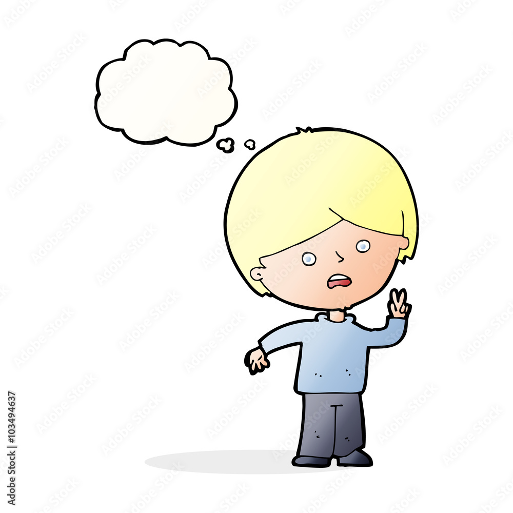 cartoon unhappy boy giving peace sign with thought bubble cartoon unhappy boy giving peace sign with thought bubble