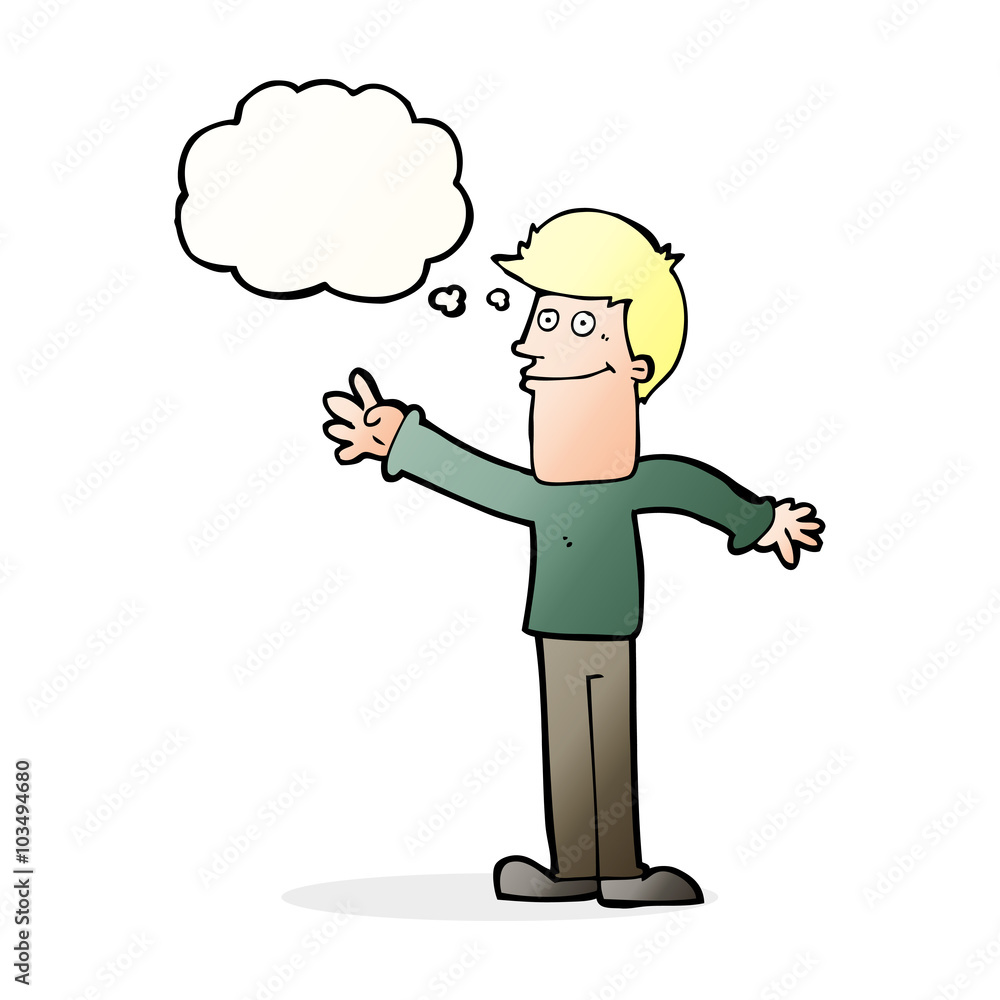 cartoon happy man waving with thought bubble cartoon happy man waving with thought bubble