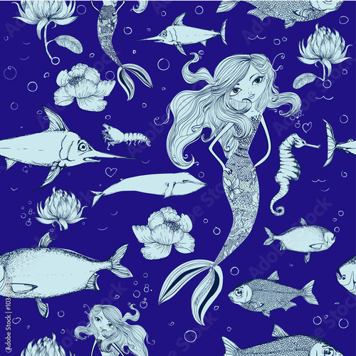 seamless pattern with fish and mermaid