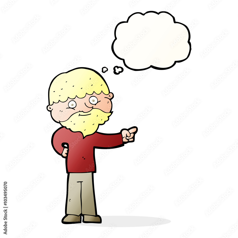 cartoon bearded man pointing with thought bubble cartoon bearded man pointing with thought bubble