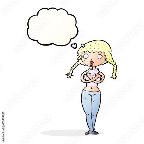 cartoon offended woman covering herself with thought bubble