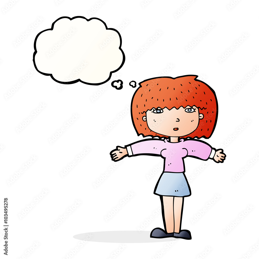 cartoon woman shrugging shoulders with thought bubble cartoon woman shrugging shoulders with thought bubble