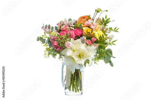 Beautiful bouquet of bright flowers in vase isolated white