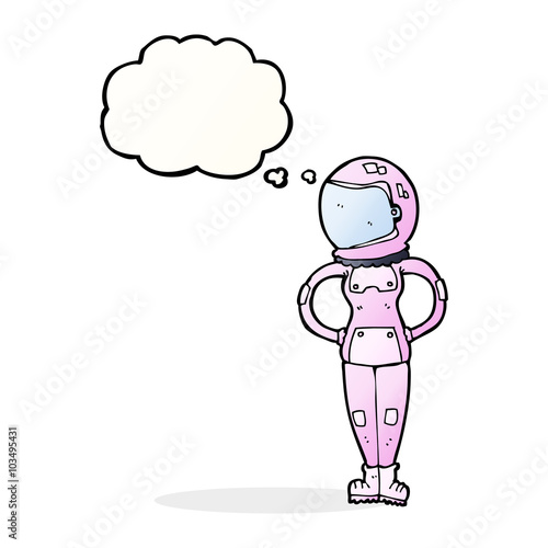 cartoon female astronaut with thought bubble