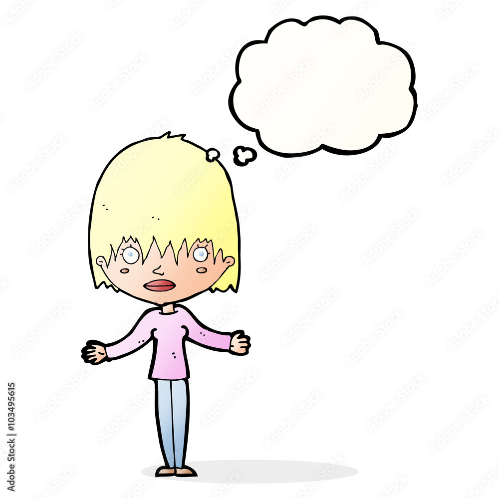 cartoon woman shrugging shoulders with thought bubble cartoon woman shrugging shoulders with thought bubble