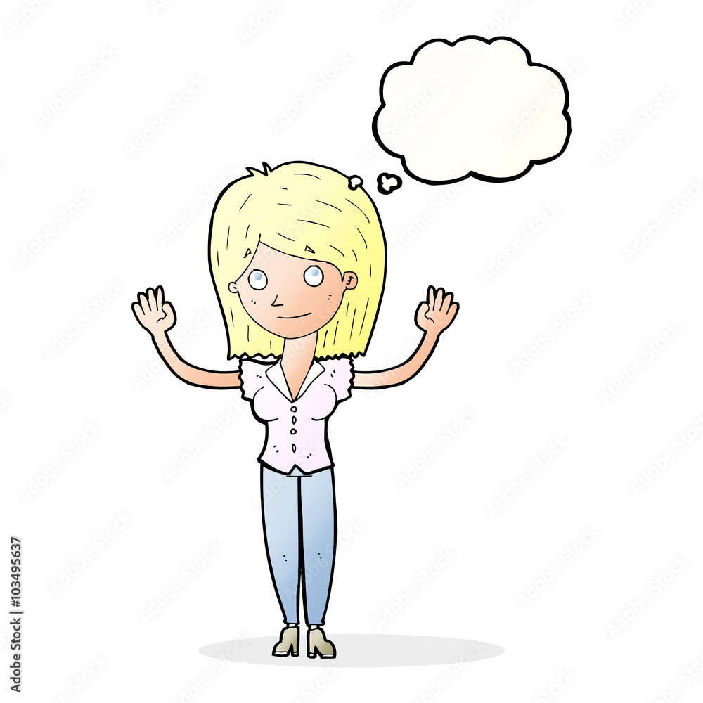 cartoon woman holding up hands with thought bubble cartoon woman holding up hands with thought bubble