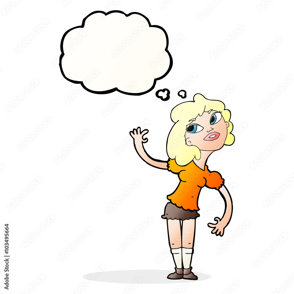 cartoon woman waving with thought bubble cartoon woman waving with thought bubble