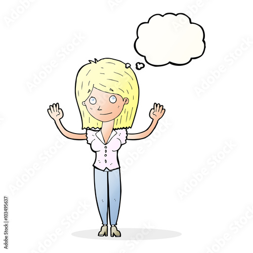 cartoon woman holding up hands with thought bubble