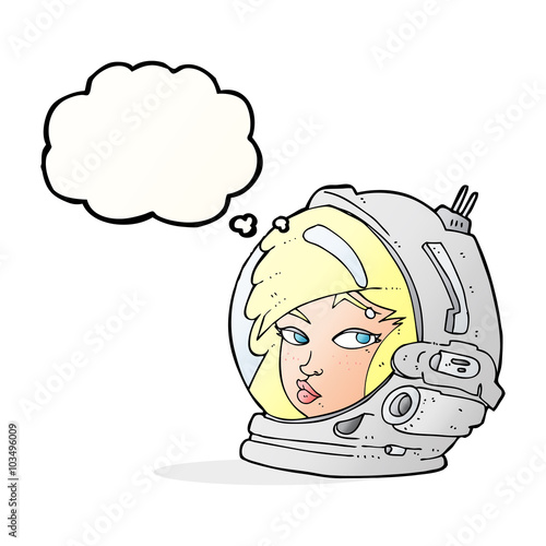cartoon female astronaut with thought bubble