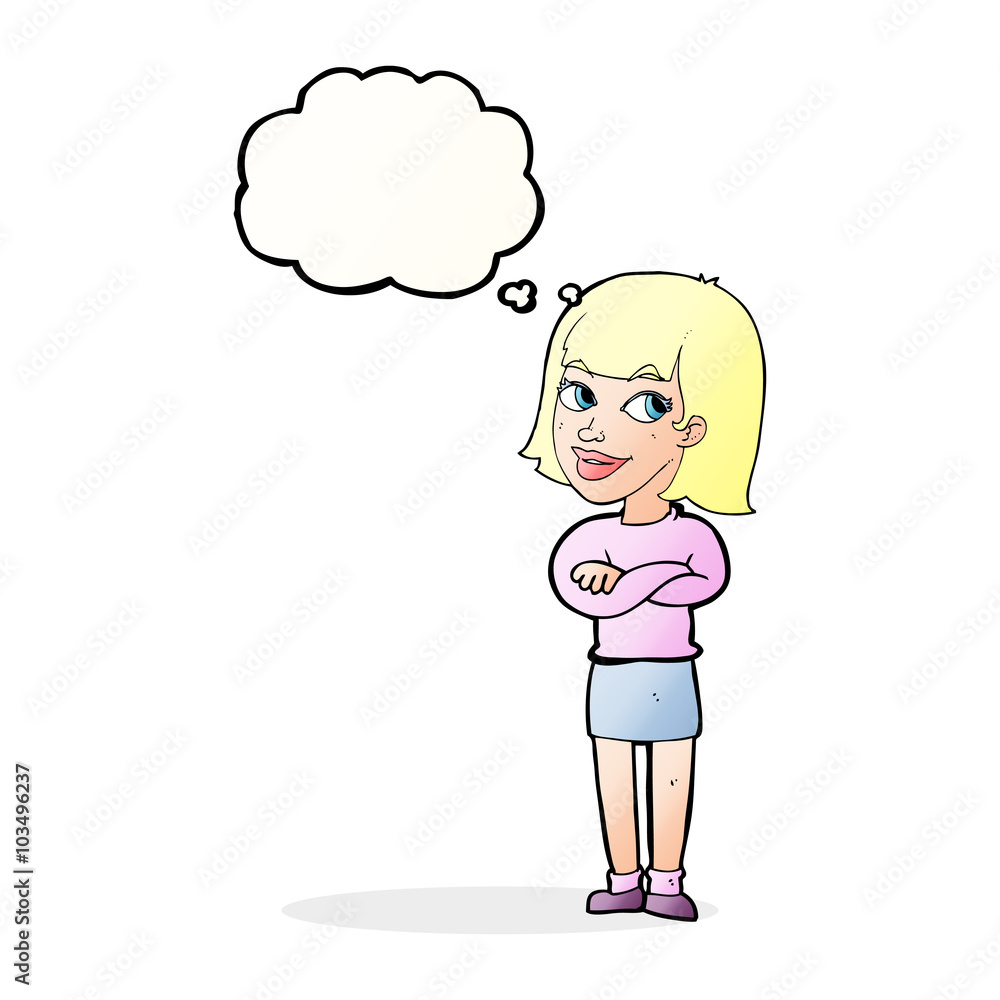 cartoon happy woman looking over with thought bubble cartoon happy woman looking over with thought bubble