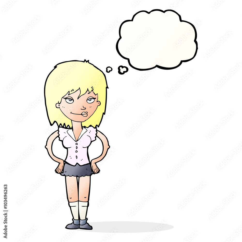 cartoon woman with hands on hips with thought bubble