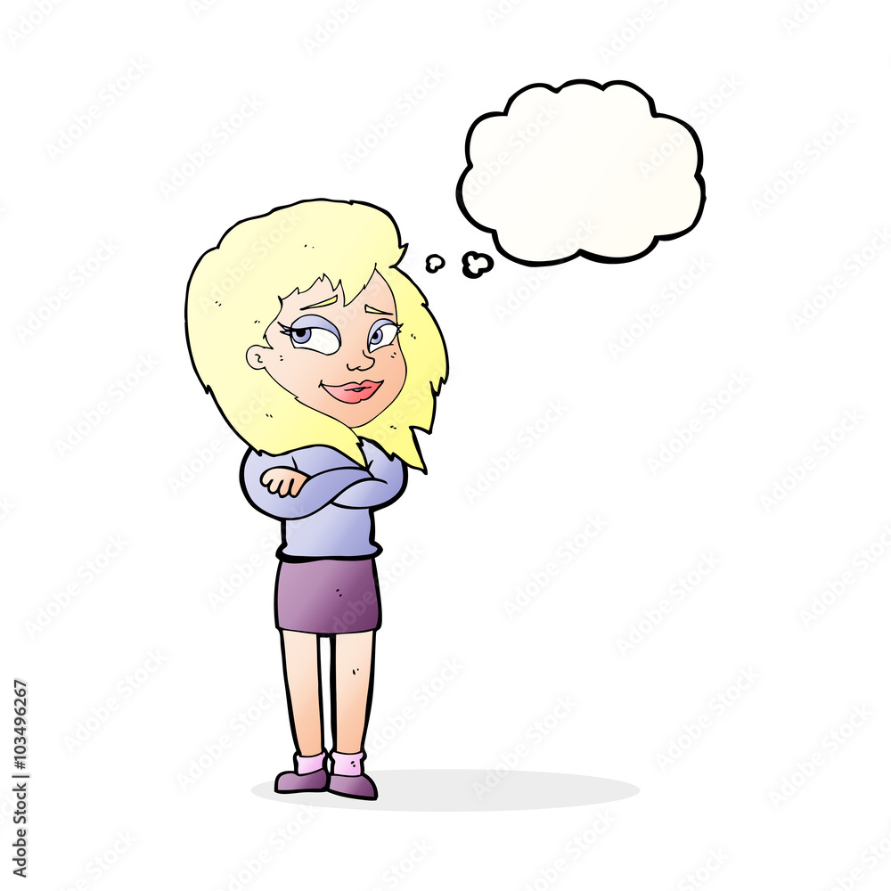 cartoon woman with crossed arms with thought bubble cartoon woman with crossed arms with thought bubble