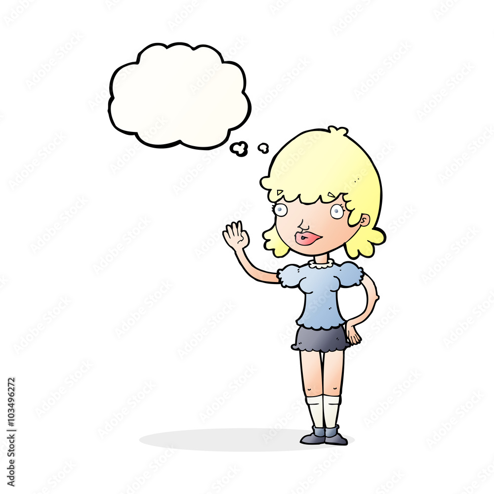 cartoon waving woman with thought bubble cartoon waving woman with thought bubble