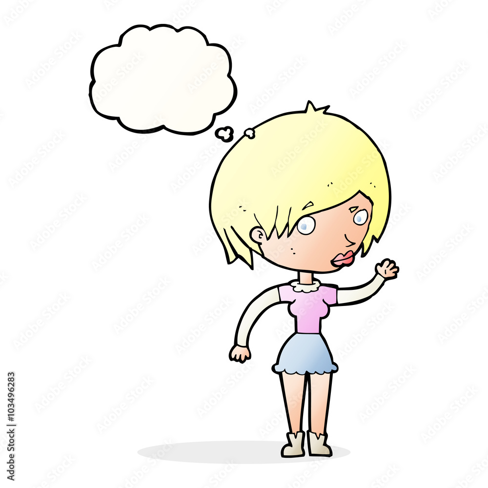 cartoon waving woman with thought bubble cartoon waving woman with thought bubble
