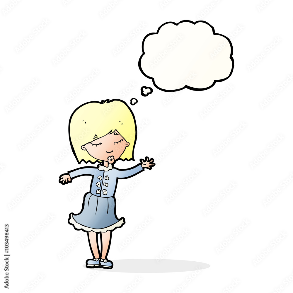 cartoon waving woman with thought bubble cartoon waving woman with thought bubble