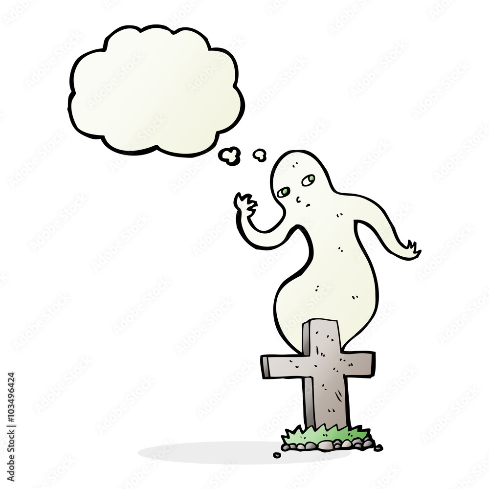 Fototapeta premium cartoon ghost rising from grave with thought bubble
