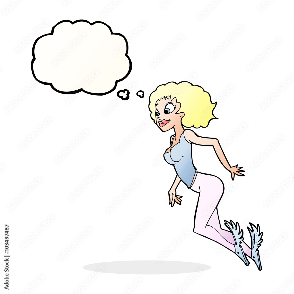 cartoon flying woman with thought bubble