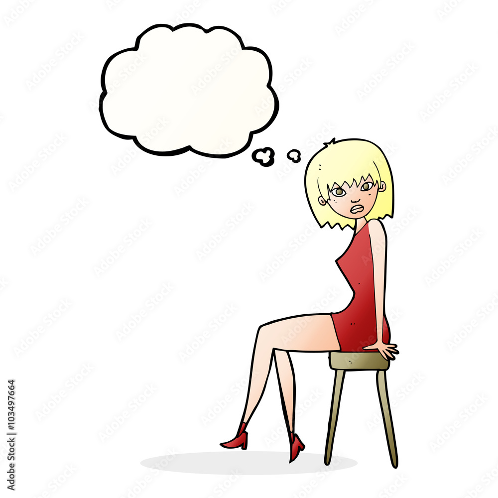 cartoon woman sitting on stool with thought bubble cartoon woman sitting on stool with thought bubble