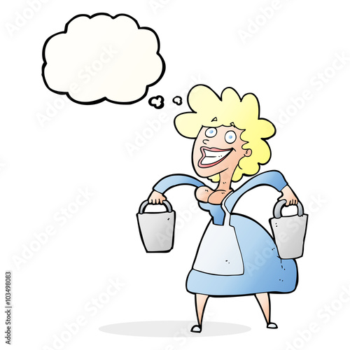 cartoon milkmaid carrying buckets with thought bubble