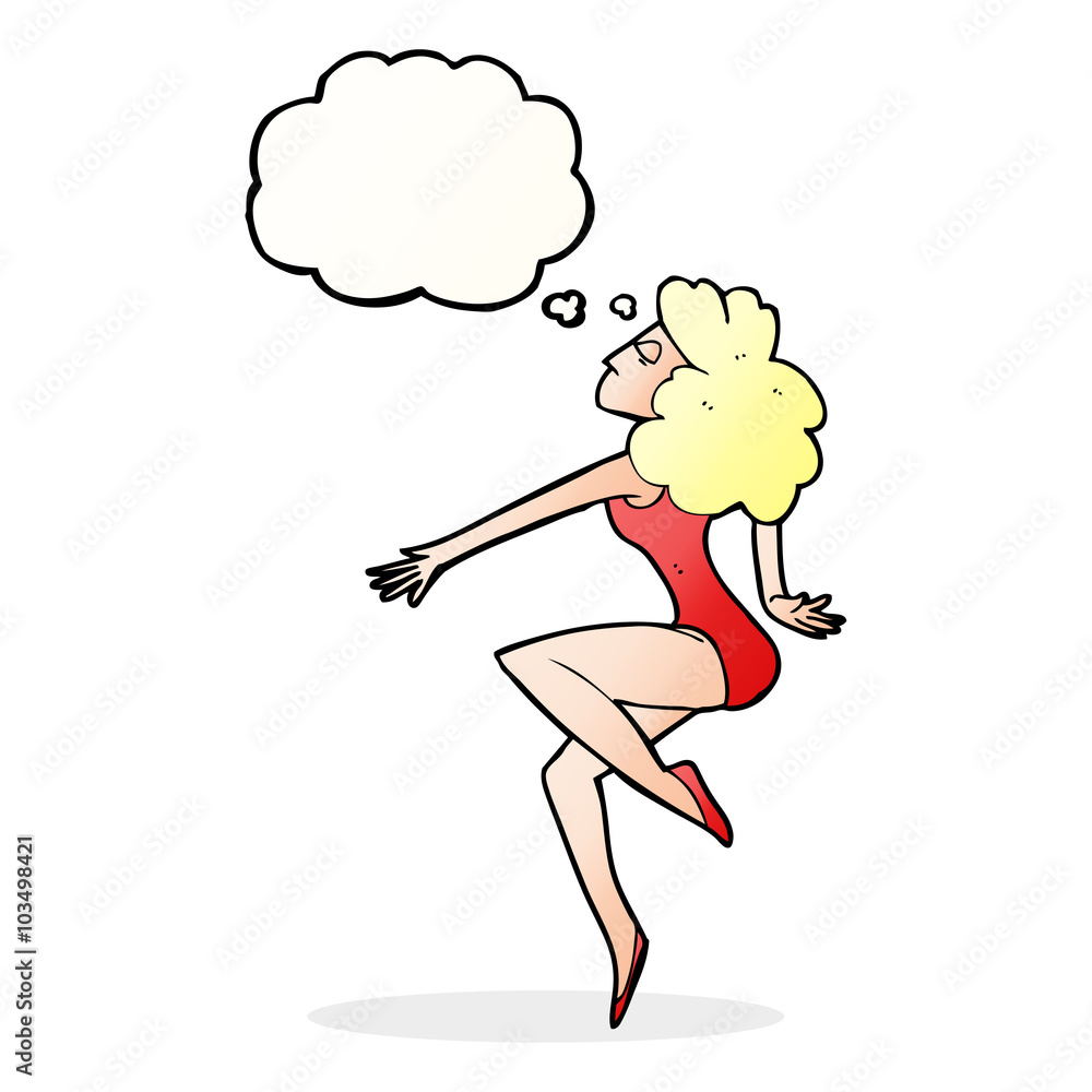 cartoon dancing woman with thought bubble