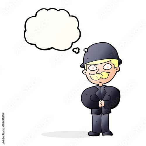 cartoon man in bowler hat with thought bubble