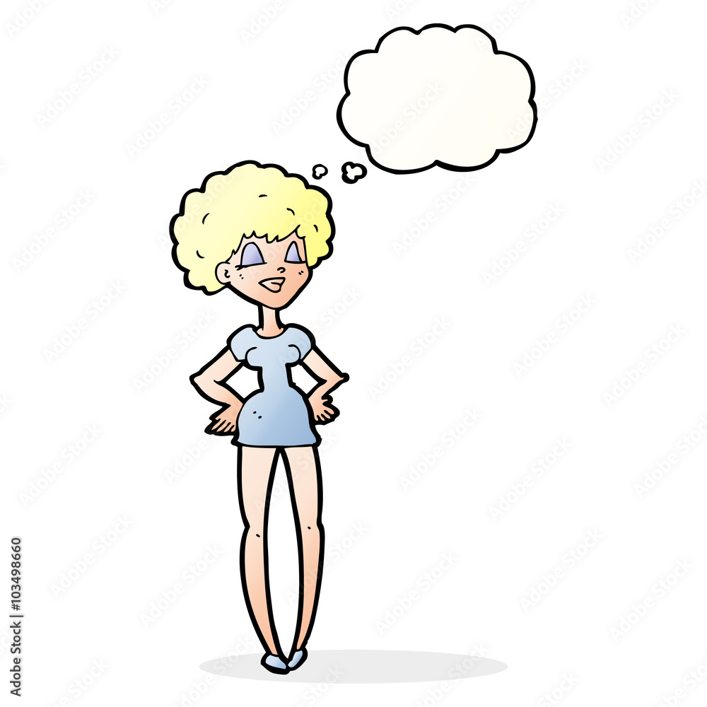 cartoon happy woman with hands on hips with thought bubble cartoon happy woman with hands on hips with thought bubble