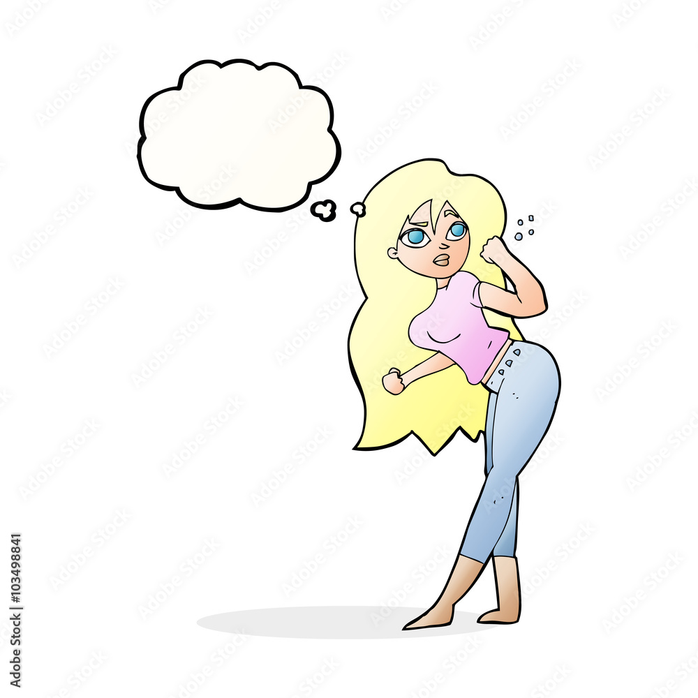 cartoon woman raising fist with thought bubble cartoon woman raising fist with thought bubble