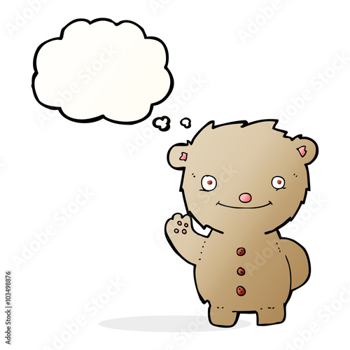 cartoon waving teddy bear with thought bubble