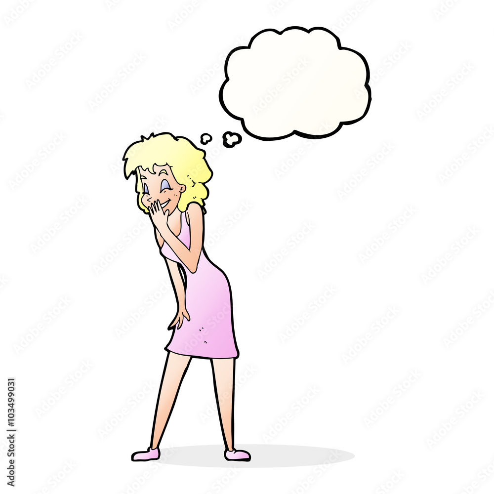 cartoon woman laughing with thought bubble cartoon woman laughing with thought bubble