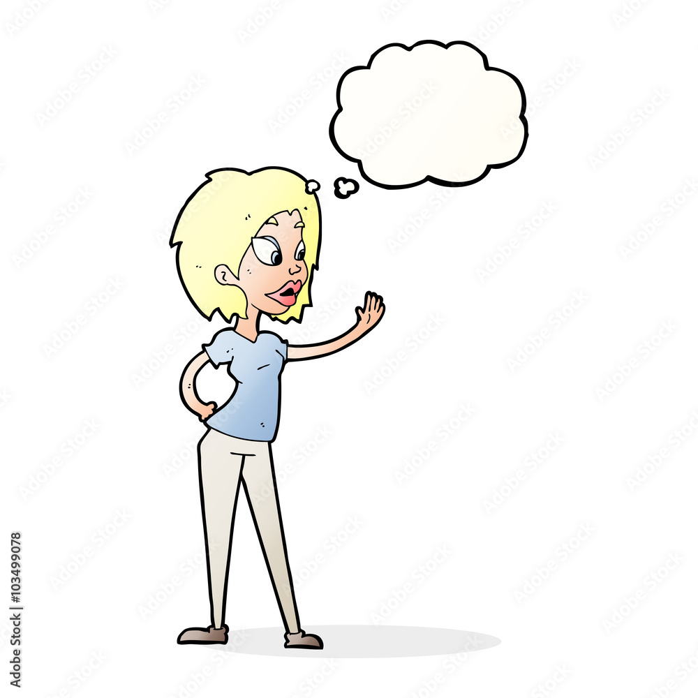cartoon woman waving with thought bubble cartoon woman waving with thought bubble
