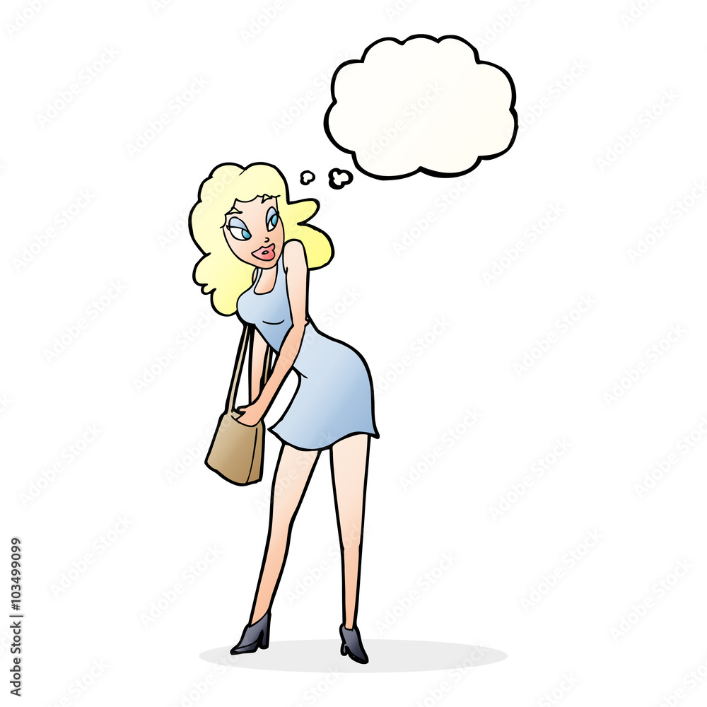 cartoon woman looking in handbag with thought bubble cartoon woman looking in handbag with thought bubble