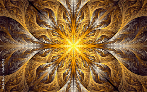 Abstract fractal background, yellow-white decorative ornamental pattern with glowing center