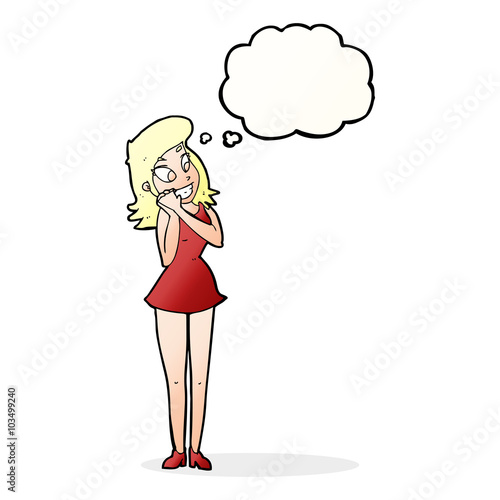 cartoon excited woman with thought bubble